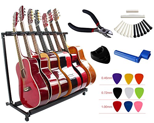 YMC Folding Multiple Guitar Stand for Acoustic Electric Guitar Bass Rack Band Stage,Includes Picks,Pick Holder,String Winder,Bridge Pins,Nut Saddle,String Cutting Plier -7 Holder