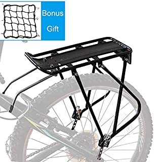 Bike Cargo Rack w/Bungee Cargo Net & Reflective Logo Universal Adjustable Bicycle Rear Luggage Touring Carrier Racks 110lbs Capacity Quick Release Mountain Road Bike Pannier Rack for 26