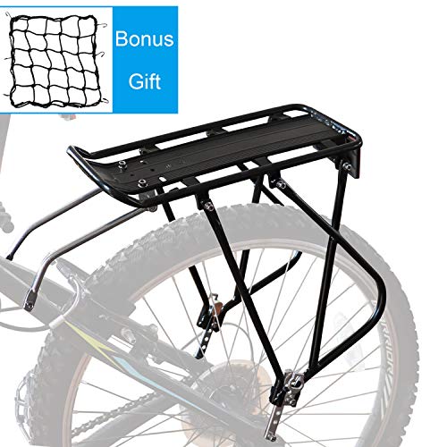 Bike Cargo Rack w/Bungee Cargo Net & Reflective Logo Universal Adjustable Bicycle Rear Luggage Touring Carrier Racks 110lbs Capacity Quick Release Mountain Road Bike Pannier Rack for 26