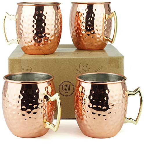 PG Copper Moscow Mule Mugs | Large Size 19.5 ounces | Set of 4 Hammered Cups | Stainless Steel Lining | Pure Copper Plating | Gold Brass Handles | 2.8 inches Diameter x 3 inches Tall