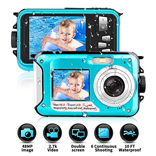 Waterproof Camera Underwater Camera 10 FT 2.7K Full HD 48MP 16X Digital Zoom Waterproof Digital Camera Self-Timer Dual Screens Anti Shake for Snorkeling, Travel and Vacation