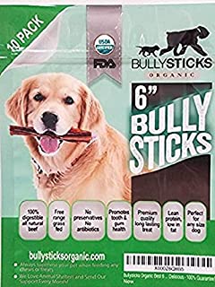 Bullysticks Organic Standard Bully Stick Dog Treats  6 Sticks, All Natural Premium Beef, Odor Free, USDA Approved (10 Pack)