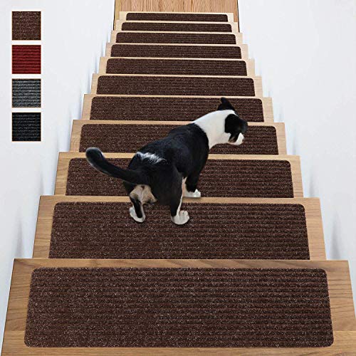 Stair Treads Non-Slip Carpet Indoor Set of 14 Brown Carpet Stair Tread Treads Stair Rugs Mats Rubber Backing (30 x 8 inch),(Brown, Set of 14)