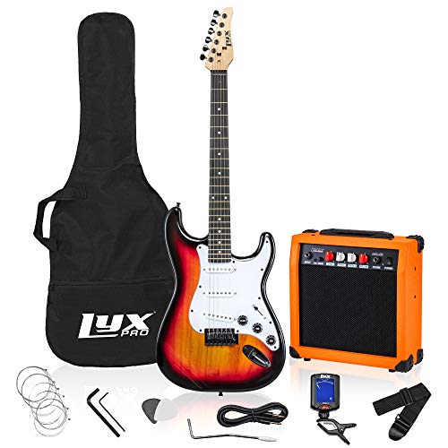 LyxPro Full Size Electric Guitar with 20w Amp, Package Includes All Accessories, Digital Tuner, Strings, Picks, Tremolo Bar, Shoulder Strap, and Case Bag Complete Beginner Starter kit Pack,Sunburst