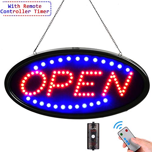 LED Open Sign with Remote, 19x10inches Ultra Bright Electric Light Up Signs for Business, Timing Function, 2 Lighting Modes Flashing & Steady, Advertisement Board for Store, Bar, Hotel, Cafe