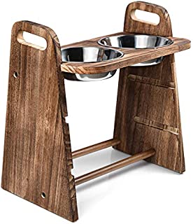 Emfogo Dog Bowls Elevated 3 Heights 4in 8in 13in Rustic Wood Elevated Dog Cat Dishes with Double Stainless Steel Dog Food Bowls Stand Raised Pet Feeder 16.7x15.5 inch Carbonized Black