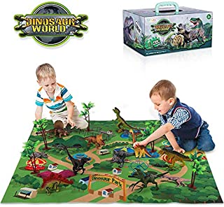 TEMI Dinosaur Toy Figure w/ Activity Play Mat & Trees, Educational Realistic Dinosaur Playset to Create a Dino World Including T-Rex, Triceratops, Velociraptor, Perfect Gifts for Kids, Boys & Girls