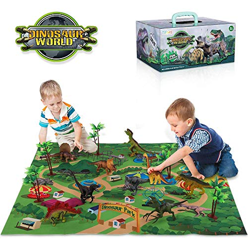 TEMI Dinosaur Toy Figure w/ Activity Play Mat & Trees, Educational Realistic Dinosaur Playset to Create a Dino World Including T-Rex, Triceratops, Velociraptor, Perfect Gifts for Kids, Boys & Girls