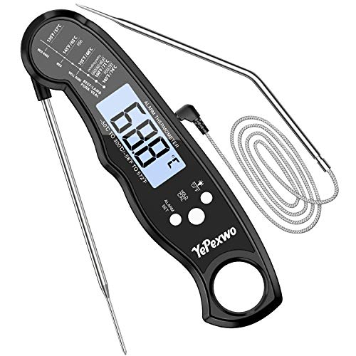 [Upgraded 2020]Yepexwo Meat Thermometer for Cooking Food Thermometer Instant Read Grilling Digital Thermometer with Dual Probe/Backlight/Storage Bag/Alarm Function for Cooking BBQ-Black