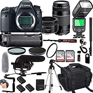 Canon EOS 6D Mark II with 50mm f/1.8 STM Prime Lens + 75-300mm III Lens + 128GB Memory + Pro Battery Bundle + Power Grip + TTL Speed Light + Pro Filters,(24pc Bundle)