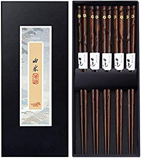 Omia 5 Pairs Premium Reusable Chopsticks Set - Natural Wood Japanese Chopsticks, Lightweight Easy to Use Chop Sticks with Case for Sushi, Noodles and Other Asian Food (Gold Flower)