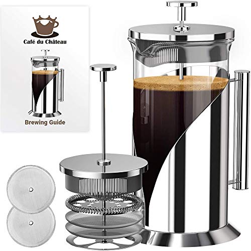 Cafe Du Chateau French Press Coffee Maker (34 oz) - 4 Level Filtration System - Heat Resistant Borosilicate Glass, Stainless Steel