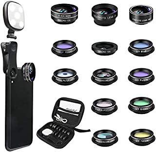 Godefa Phone Camera Lens Kit, 14 in 1 Lenses with Selfie Ring Light for iPhone Xs, Xr,8 7 6s Plus, Samsung and other Andriod Smartphone, Universal Clip on Wide angle+Macro+ Zoom Camera Lenses and More