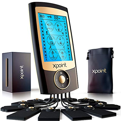 Xpoint Dual Channel Luxury TENS EMS Unit Muscle Stimulator - 24 Modes, 12 Large Electrode Pads - Back, Shoulder, Neck, Sciatica - Max Power Pain Relief Device - Rechargeable Physical Therapy Equipment