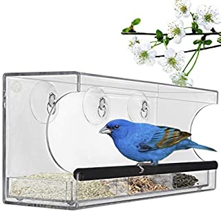 Acrylic Glass Bird Feeder Set, Spill-Proof, Crystal Clear - Easy to Install with 2 Hooks, Economical, Perch Provides Enjoyable Eating time to Finch, Parakeet, Sparrows, Cage Sizes