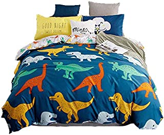 KFZ Jurassic World Dinosaur Queen Duvet Cover Set with 1 Comforter Case, 1 Flat Sheet, 2 Pillow Cases, Ultra Soft Navy Blue Reversible Bedding for Kids Teens