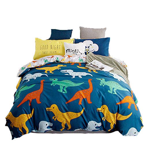 KFZ Jurassic World Dinosaur Queen Duvet Cover Set with 1 Comforter Case, 1 Flat Sheet, 2 Pillow Cases, Ultra Soft Navy Blue Reversible Bedding for Kids Teens