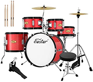 Eastar 16 inch Junior Drum Set Kids Drum Set 5-Piece with Adjustable Throne and Cymbal, Pedal & Drumsticks, Metallic Red (EDS-350RD)