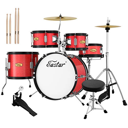 Eastar 16 inch Junior Drum Set Kids Drum Set 5-Piece with Adjustable Throne and Cymbal, Pedal & Drumsticks, Metallic Red (EDS-350RD)