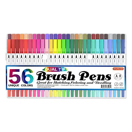 Dual Brush Pens Art Markers, Shuttle Art 56 Colors Dual Tip Calligraphy Pens Fineliner and Brush Tip perfect for Kids Adult Artist, Hand Lettering, Journal, Doodling, Writing, Coloring Books.