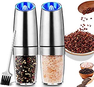 Premium Gravity Electric Salt and Pepper Grinder Set of 2, Automatic One Hand Pepper Mills with LED Light, Automatic Pepper and Salt Mill Grinder Battery-Operated with Adjustable Coarseness