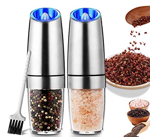 Premium Gravity Electric Salt and Pepper Grinder Set of 2, Automatic One Hand Pepper Mills with LED Light, Automatic Pepper and Salt Mill Grinder Battery-Operated with Adjustable Coarseness