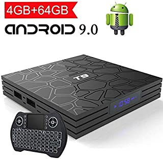 EASYTONE Android 9.0 TV Box 4GB RAM 64GB ROM,Quad Core/ 64 Bits/ BT4.0/ H.265/ 3D UHD 4K Smart Box,Support 2.4G/5G Dual Wifi/100M LAN Android Boxes with Wireless Backlit Keyboard