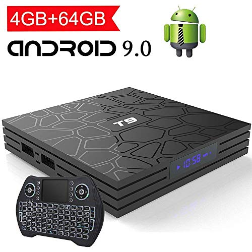 EASYTONE Android 9.0 TV Box 4GB RAM 64GB ROM,Quad Core/ 64 Bits/ BT4.0/ H.265/ 3D UHD 4K Smart Box,Support 2.4G/5G Dual Wifi/100M LAN Android Boxes with Wireless Backlit Keyboard