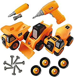 ToyVelt Construction Take Apart Trucks STEM Learning Toys, W Toy Drill - Dump Truck, Cement Truck & Digger Toy, with Drill Included, Great Gift for Boys & Girls Ages 3 - 12 Years Old