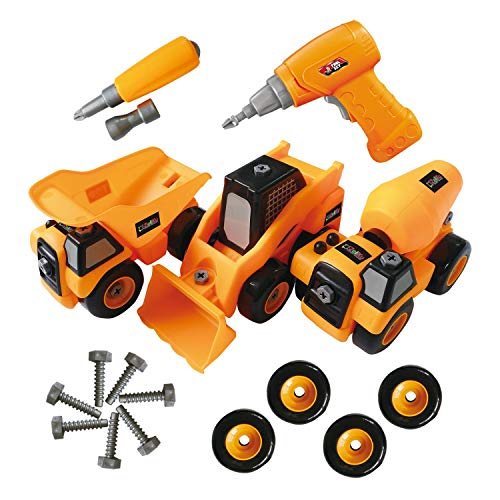 ToyVelt Construction Take Apart Trucks STEM Learning Toys, W Toy Drill - Dump Truck, Cement Truck & Digger Toy, with Drill Included, Great Gift for Boys & Girls Ages 3 - 12 Years Old