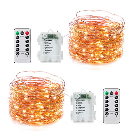 2 Pack Fairy Lights Battery Operated, 20Ft 60LED Firefly String Lights with Remote & Timer, 8 Lighting Modes Waterproof Copper Wire Twinkle Lights for Crafts Bedroom Garden Party Christmas, Warm White