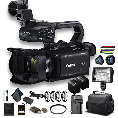 Canon XA40 Professional UHD 4K Camcorder (3666C002) W/Extra Battery, Soft Padded Bag, 64GB Memory Card, LED Light, Close Up Diopters, Lenses, and More Advanced Bundle