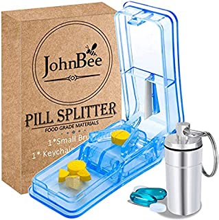 JohnBee Pill Cutter | Best Pill Cutter for Small or Large Pills | Design in The USA| Cuts Vitamins | Pill Splitter with Safety Shield | Keychain Pill Holder As Bonus