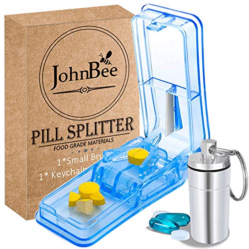 JohnBee Pill Cutter | Best Pill Cutter for Small or Large Pills | Design in The USA| Cuts Vitamins | Pill Splitter with Safety Shield | Keychain Pill Holder As Bonus