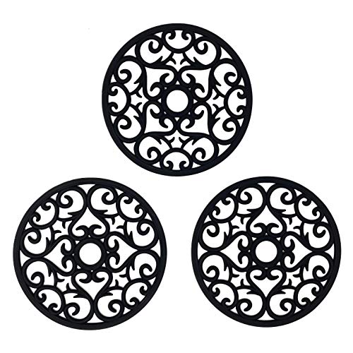 Makerstep Silicone Trivet Mat 3 Set in Heart Design Trivets. Hot Pan Holder Hot Pads For Countertop & Table. Non Slip, Serving Dishes. Dishwasher Safe, Heat Resistant, Black