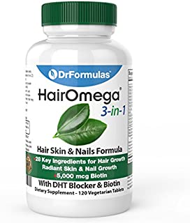 DrFormulas HairOmega 3-in-1 Hair Growth Vitamins with DHT Blocker, Biotin for Women & Men | Hair Skin and Nails Supplement for Hair Loss, 120 Pills