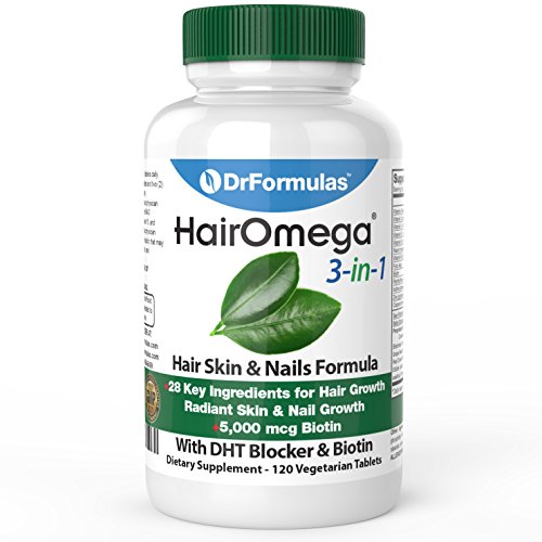 DrFormulas HairOmega 3-in-1 Hair Growth Vitamins with DHT Blocker, Biotin for Women & Men | Hair Skin and Nails Supplement for Hair Loss, 120 Pills