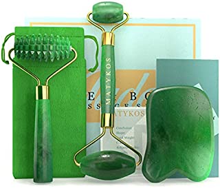 3 in 1 Jade Roller for Face and Gua Sha Set - Helps Reducing Drainage Puffiness Wrinkles Authentic Jade Face Massager Kit - Ridged Roller and Carrying Pouch