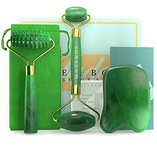 3 in 1 Jade Roller for Face and Gua Sha Set - Helps Reducing Drainage Puffiness Wrinkles Authentic Jade Face Massager Kit - Ridged Roller and Carrying Pouch