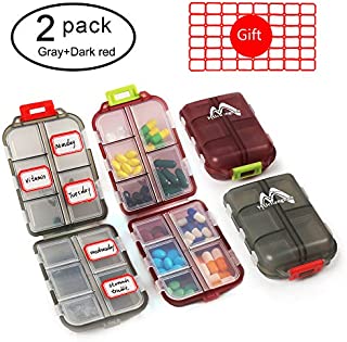 2 Pack Pill Case Portable Small 7-Day Weekly Travel Pill Organizer Portable Pocket Pill Box Dispenser for Purse Vitamin Fish Oil Compartments Container Medicine Box by Muchengbao (Gray+Dark red)