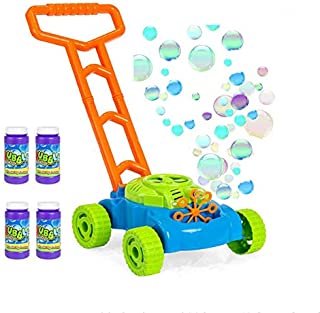 Sucfami Bubble Mower for Toddlers, Kids Push Electric Lawn Machine GameOutdoor Push Toys, 4 Bottles Bubble Solutions Included, Gift for Baby Children Boys Girls