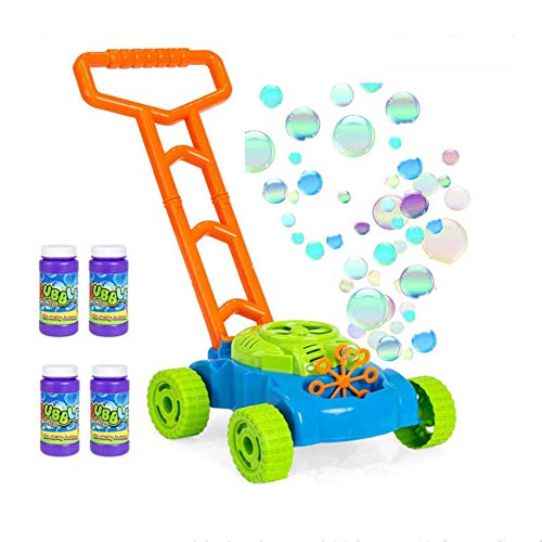 Sucfami Bubble Mower for Toddlers, Kids Push Electric Lawn Machine GameOutdoor Push Toys, 4 Bottles Bubble Solutions Included, Gift for Baby Children Boys Girls