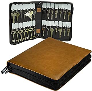 Portable Zippered Key Case - Leather Key Organizer Key Binder with Tags - Portable Manager & Landlord Key Holder Book - Zipper Key Case with 28 Velcro Key Tags