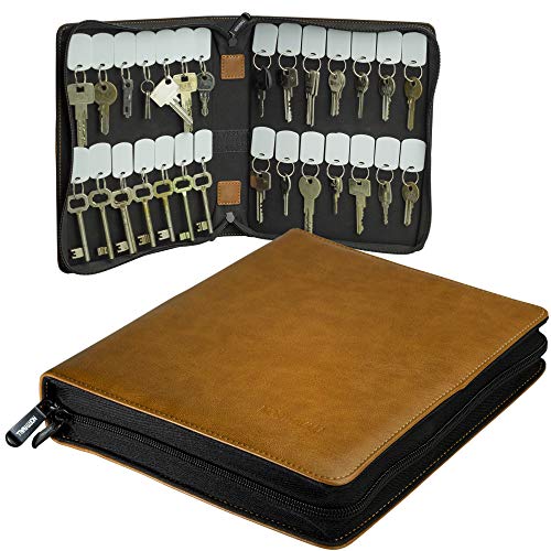 Portable Zippered Key Case - Leather Key Organizer Key Binder with Tags - Portable Manager & Landlord Key Holder Book - Zipper Key Case with 28 Velcro Key Tags