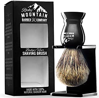 Shaving Brush with Stand - Rocky Mountain Barber Pure 100% Best Badger Hair Barber Grade with Black Heavy Duty All-Resin Handle and Oversized Bristle Head For Better Shaving Cream Lather