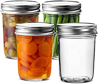 Glass Regular Mouth Mason Jars, 8 Ounce Glass Jars with Silver Metal Airtight Lids for Meal Prep, Food Storage, Canning, Drinking, for Overnight Oats, Jelly, Dry Food, Spices, Salads, Yogurt (4 Pack)