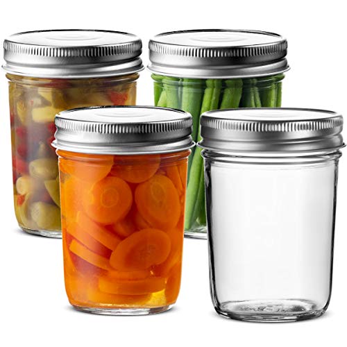 Glass Regular Mouth Mason Jars, 8 Ounce Glass Jars with Silver Metal Airtight Lids for Meal Prep, Food Storage, Canning, Drinking, for Overnight Oats, Jelly, Dry Food, Spices, Salads, Yogurt (4 Pack)