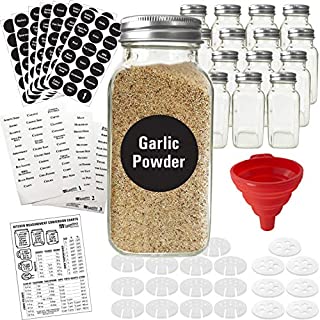 Talented Kitchen 14 Large Glass Spice Jars w/2 Types of Preprinted Spice Labels. Commercial Grade, Complete Set: 14 Square Empty Jars 6oz, Pour/Sift & Coarse Shakers, Airtight Cap, Chalk & Clear Label