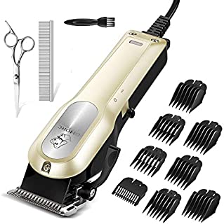 OMORC Dog Clippers with 12V High Power for Thick Coats, Professional Heavy Duty Dog Grooming Kit, Plug-in & Quiet Pet Clippers with 8 Comb Guides, 1 Scissor, 1 Comb, 1 Cleaning Brush (Yellow)