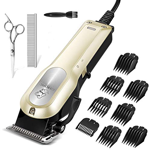 OMORC Dog Clippers with 12V High Power for Thick Coats, Professional Heavy Duty Dog Grooming Kit, Plug-in & Quiet Pet Clippers with 8 Comb Guides, 1 Scissor, 1 Comb, 1 Cleaning Brush (Yellow)